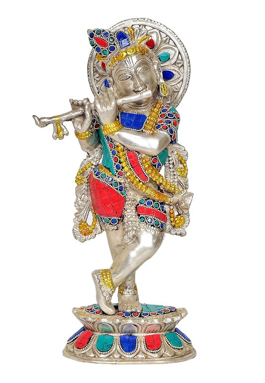 Brass Lord Krishna Idol Figurine Sculpture Playing Flute Statue Multicolor Decorative Showpiece, (Height 13.5 Inch)