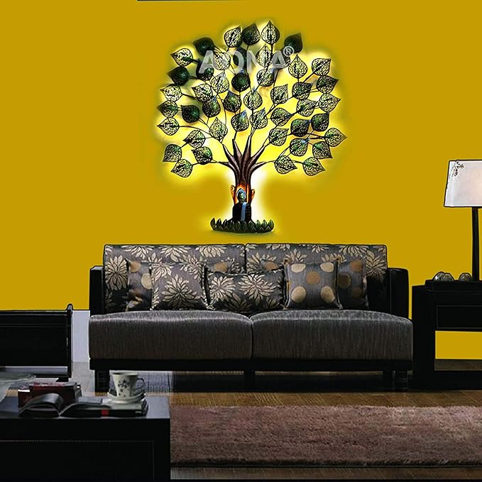 Metal Wall Mounted Elegant Religious theme Pipal Tree with Buddha and LED Light , Height 30 inch , Multicolour , Full Size