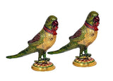 Iron parrot statues set of 2, side profile with long tails on gold round bases