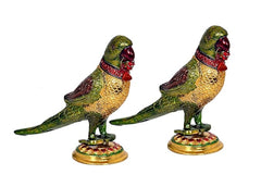 Iron parrot statues set of 2, side profile with long tails on gold round bases