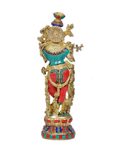 Escultura Krishna de latón con flauta, 15 in, espalda con abanico/escudo circular, turquesa y rojo