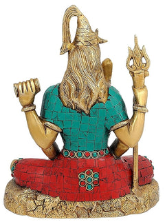 Shiva brass statue, seen from behind; long hair, turquoise chest, red robe; 8 inch