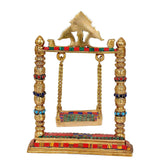 Brass swing jhula front view with decorated swing frame and colorful trim for Ladoo Gopal
