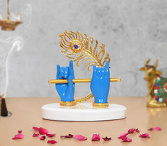 Resin Blue Krishna Ji hands with flute, golden peacock head, on white round base