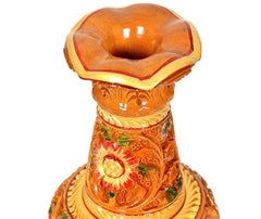 Wooden flower pot vase top opening with carved rim, orange with green accents