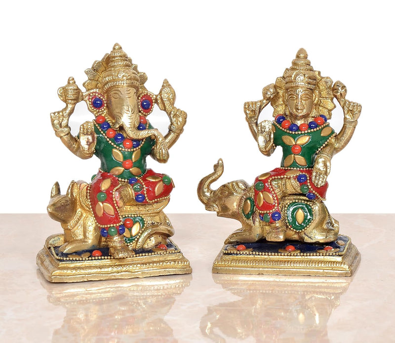 Brass Laxmi Ganesh Statue - Handcrafted Goddess Lakshmi and Lord Ganesha Idol for Home Decor and Pooja - Hindu Deities Figurine (Height 4.5 Inch)