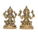 Brass Lakshmi & Ganesh idols, front view, seated on patterned bases