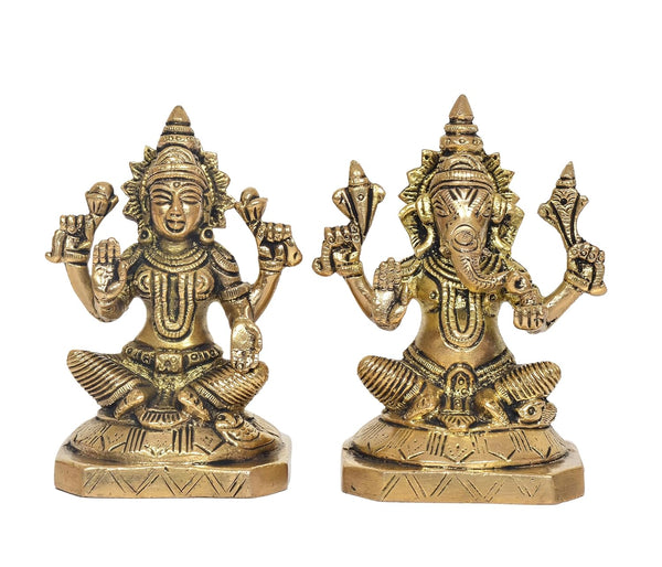 Brass Laxmi Ganesh Statue - Handcrafted Goddess Lakshmi and Lord Ganesha Idol for Home Decor and Pooja (Height 5 Inch)