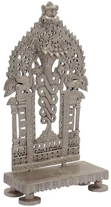 AONA antique brass religious throne chowki with serpent backrest and carved side columns