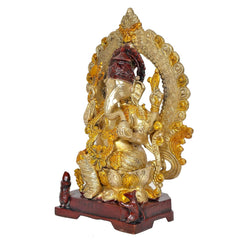 Side view brass Ganpati Bappa murti with detailed jewelry and red pedestal base