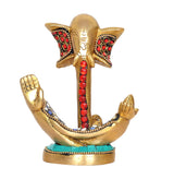 AONA brass Ganesha statue with gold trunk, jeweled red pendants, blue and turquoise detailing