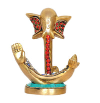 AONA brass Ganesha statue with gold trunk, jeweled red pendants, blue and turquoise detailing