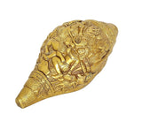 Brass shankh wall hanging, side view with Durga Ma and mythic figures relief