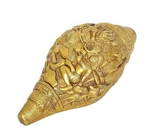 Brass shankh wall hanging, side view with Durga Ma and mythic figures relief