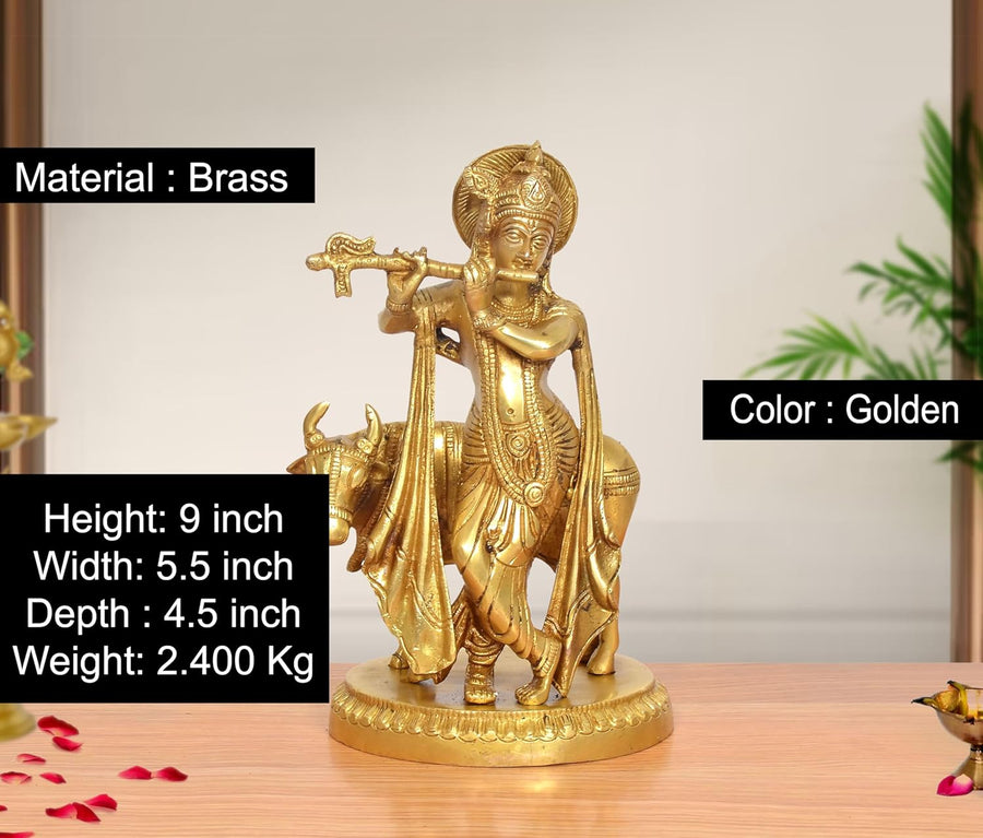Brass Lord Krishna Playing Flute with Cow Idol (Height 9 Inch) Craft Detail
