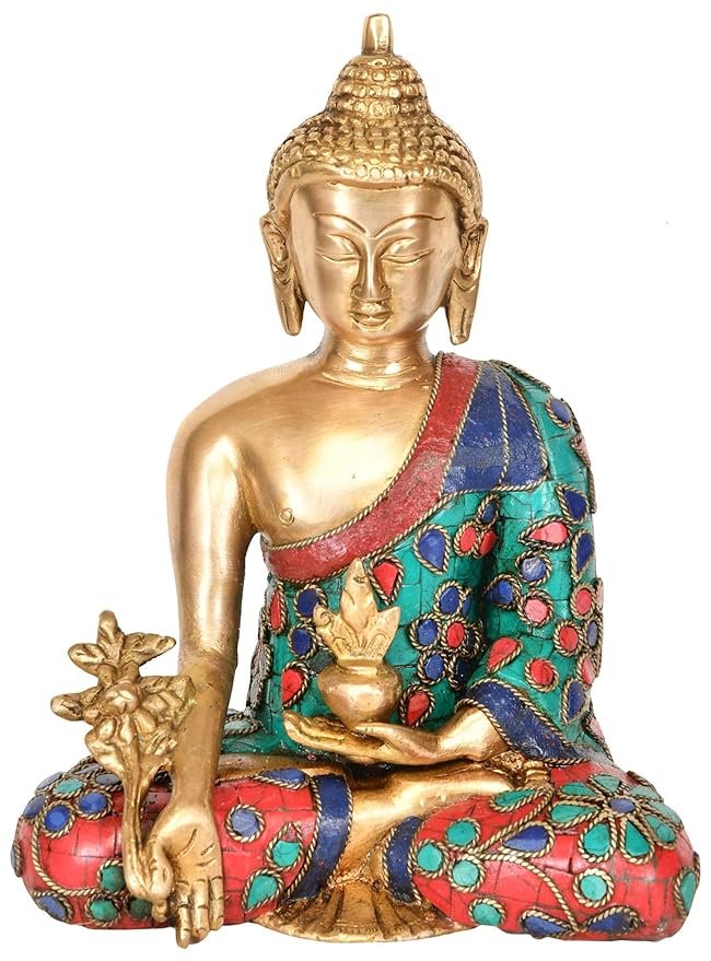 Brass Buddha idol with signature stone work (Height: 8 inches)