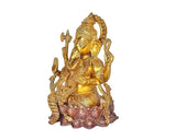 Brass Ganesh Murti statue, side view with raised hand and decorated lotus base