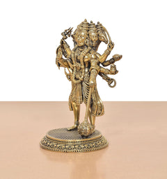 Brass Panchamukhi Hanuman idol, side view showing five heads and multiple arms