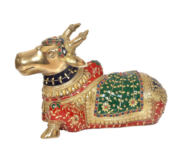 Brass Shiva Seated Nandi Statue (Height: 10 Inches) Study Setting