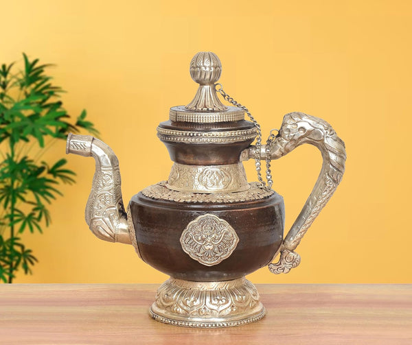 Traditional Himalayan Brass Teapot Tea Kettle Decorative Showpiece (Height: 11 Inches)