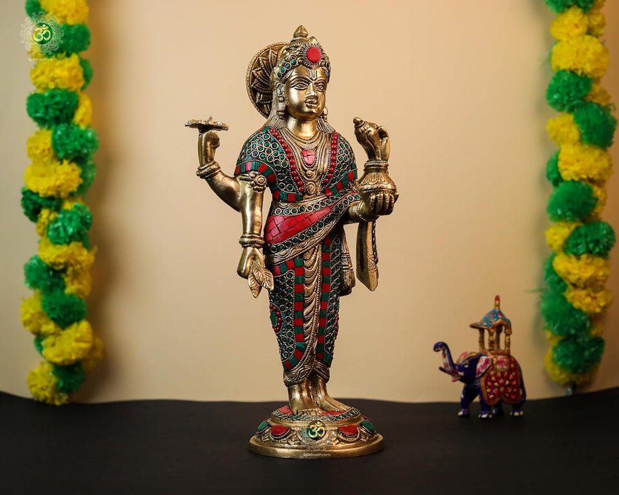 Dhanvantari Statue | Lord Brass Dhanwantri With Stone Work | God of Ayurveda | Hindu God of Medicine | Physician of the Gods & Doctors 16 inches Craft Detail
