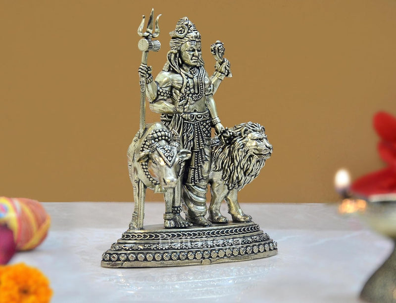 Bronze Ardhanarishvara Shiva and Parvati with Nandi and Lion | Pooja Home Decor Mandir | (Height : 4.5 inch)