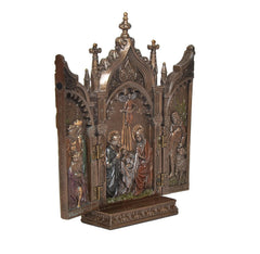 Resin church gate statue three-quarter view showing central figure and side panels.