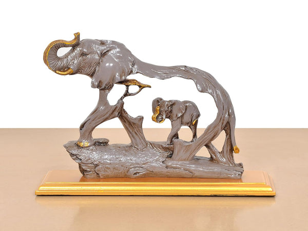 Resin Trunk Up Elephant with Baby showpiece (Height 7 Inch) Study Setting