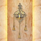 Brass wall diya lamp with oil bowl, three hanging bells and chain links