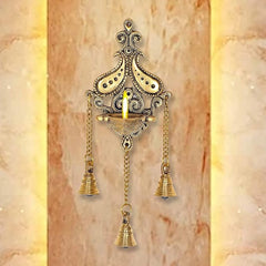 Brass wall diya lamp with oil bowl, three hanging bells and chain links
