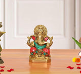 Brass Ganpati Bappa idol, multicolor; raised hands and ornate crown
