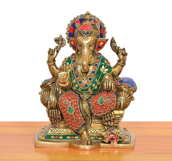 Brass Ganesha Statue Sitting On Singhasan (Height 9.5 Inch) Study Setting