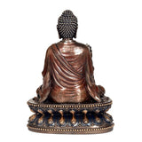 Back view of resin Buddha idol sculpture, detailed hair and blue-gold base