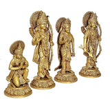 Brass Ram Darbar idol statues on base, three-quarter views with ornate clothing designs