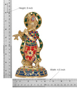 Brass Krishna idol statue, height 8 in, width 4.5 in, front view on base
