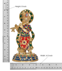 Brass Krishna idol statue, height 8 in, width 4.5 in, front view on base