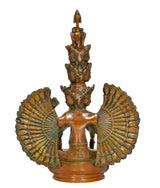 Brass Avalokiteshvara idol front view with multi-headed tiers and fan-shaped arms