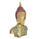 Resin Buddha bust, side view with red crown, blue and green jewel ornaments, gold finish