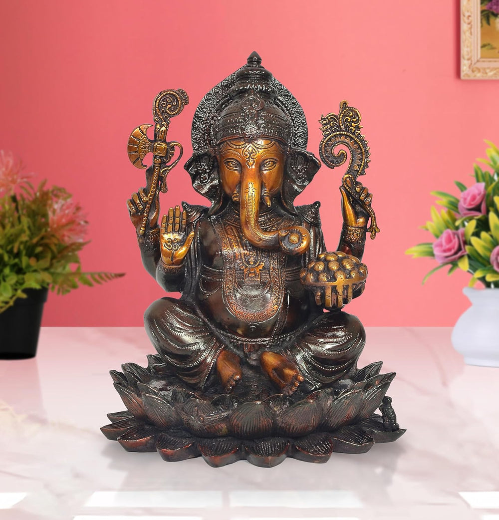 Brass Lord Ganesha Sitting on lotus (Height 11 Inch) Brown