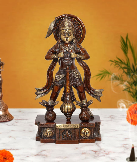 Brass Shri Hanuman Idol Showing Ram and Sita in His Heart in Standing Position (Height: 12.5 Inch)