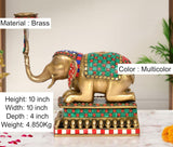 Brass multicolor elephant candle stand lamp, beaded head and teal-red patterned cloth
