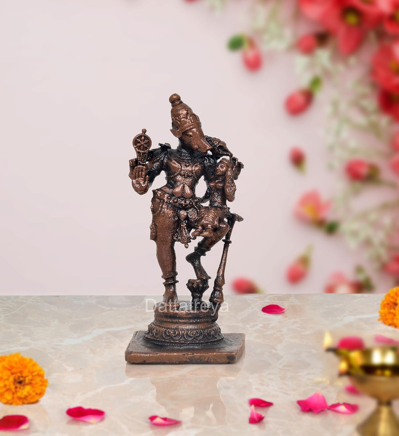 Copper Varaga Lakshmi Varaha Carrying Bhudevi Statue for Home, Mandir Pooja Decor Idol (Height: 2.5 Inch)