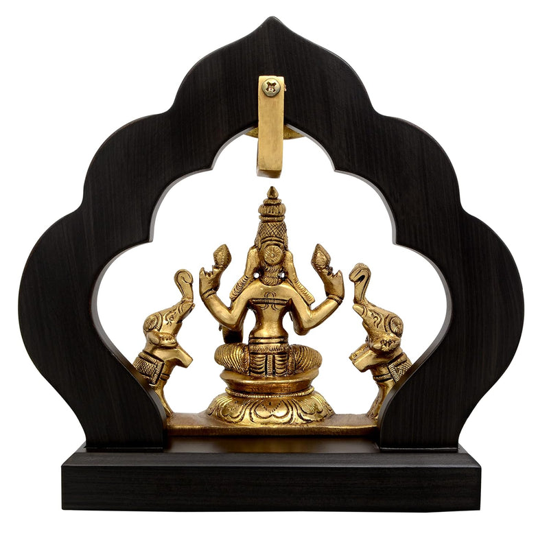 Brass Gaja Maha Lakshmi Sitting on Wooden Temple Idol/Gaja Dhan Lakshmi Brass Idol/Maha Lakshmi Brass Idol with Elephant for Good Luck, Success and Prosperity Height 7.5 Inch