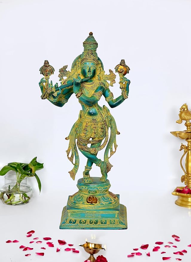 AONA Krishna figurine playing flute, turquoise and gold, ornate deity statue on base