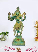 AONA Krishna figurine playing flute, turquoise and gold, ornate deity statue on base