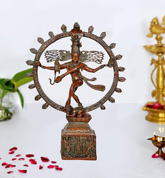 Brass Natraj Lord Shiva dancing figure with multi-rayed circular ring and carved base