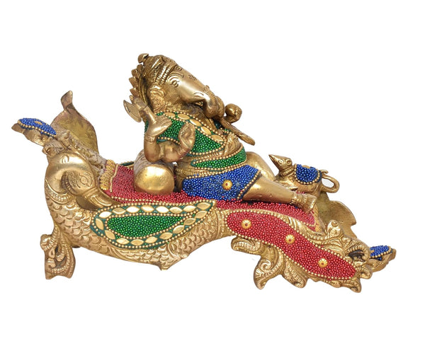 Brass Relaxing Ganesha Statue for Home Decor Mandir Office Pooja Showpiece Statue (Height 5.5 Inch) (Multicolor 1)