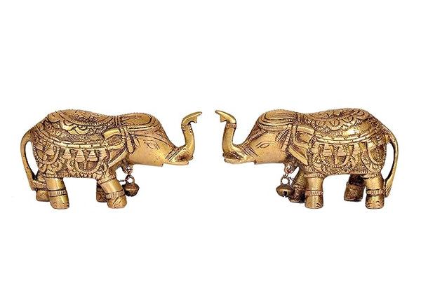 Brass Royal Elephant Idol Figurine Showpiece Golden Height 2.5 Inches (Set of 2) Entryway Setting