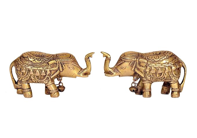 Brass Royal Elephant Idol Figurine Showpiece Golden Height 2.5 Inches (Set of 2) Craft Detail