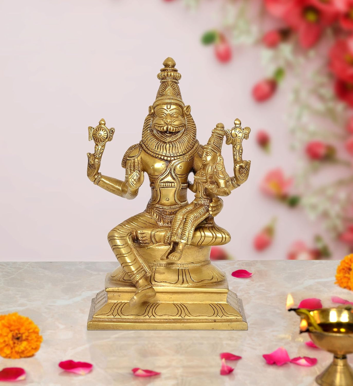 Brass Lakshmi Narasimha statue, seated yogic pose with raised arms